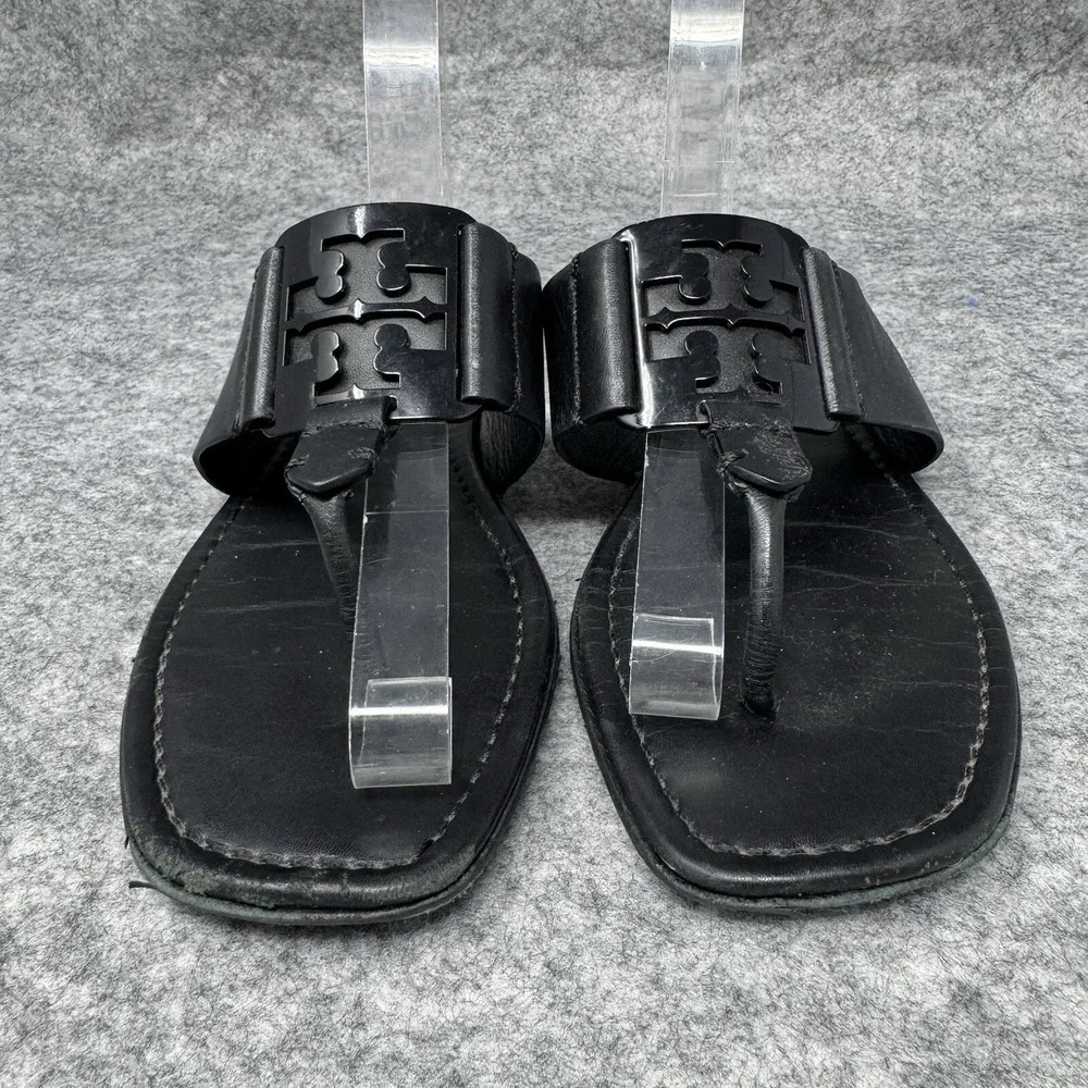 Tory Burch Georgia Thong Sandals Size 7 Calfskin Leather Perfect Black 84937